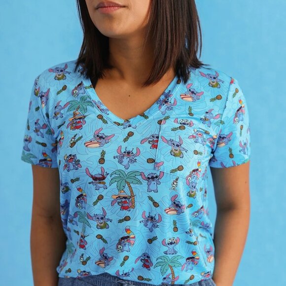 NWT Posh Peanut Women's Disney Tropical Stitch V-Neck T-Shirt Size Med - Picture 1 of 5